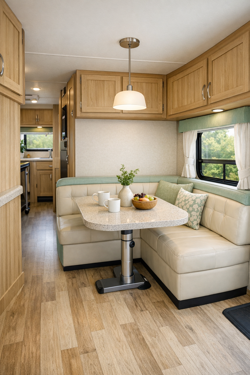 Compact RV dining area with banquette seating in ivory and mint