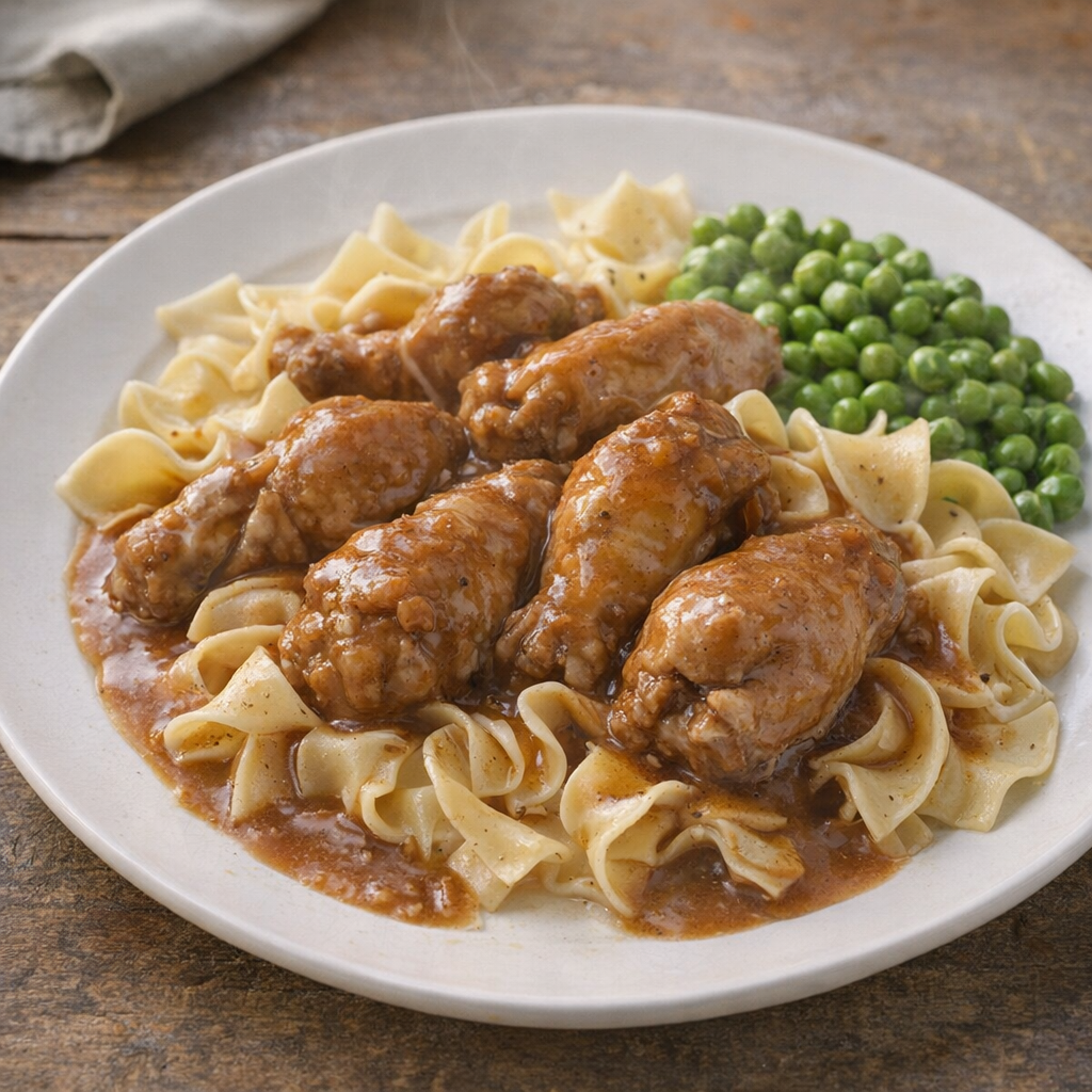Slow cooker brown gravy chicken served over egg noodles on a simple dinner plate