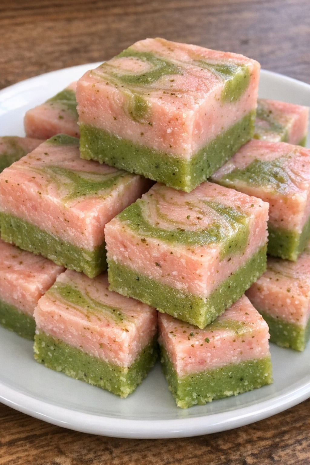 Layered strawberry matcha fudge on a white plate