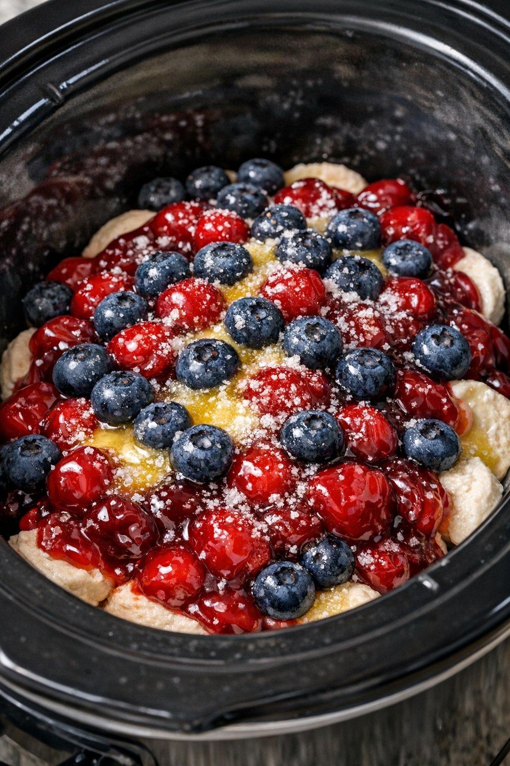 Butter and sugar added over biscuit and fruit mixture