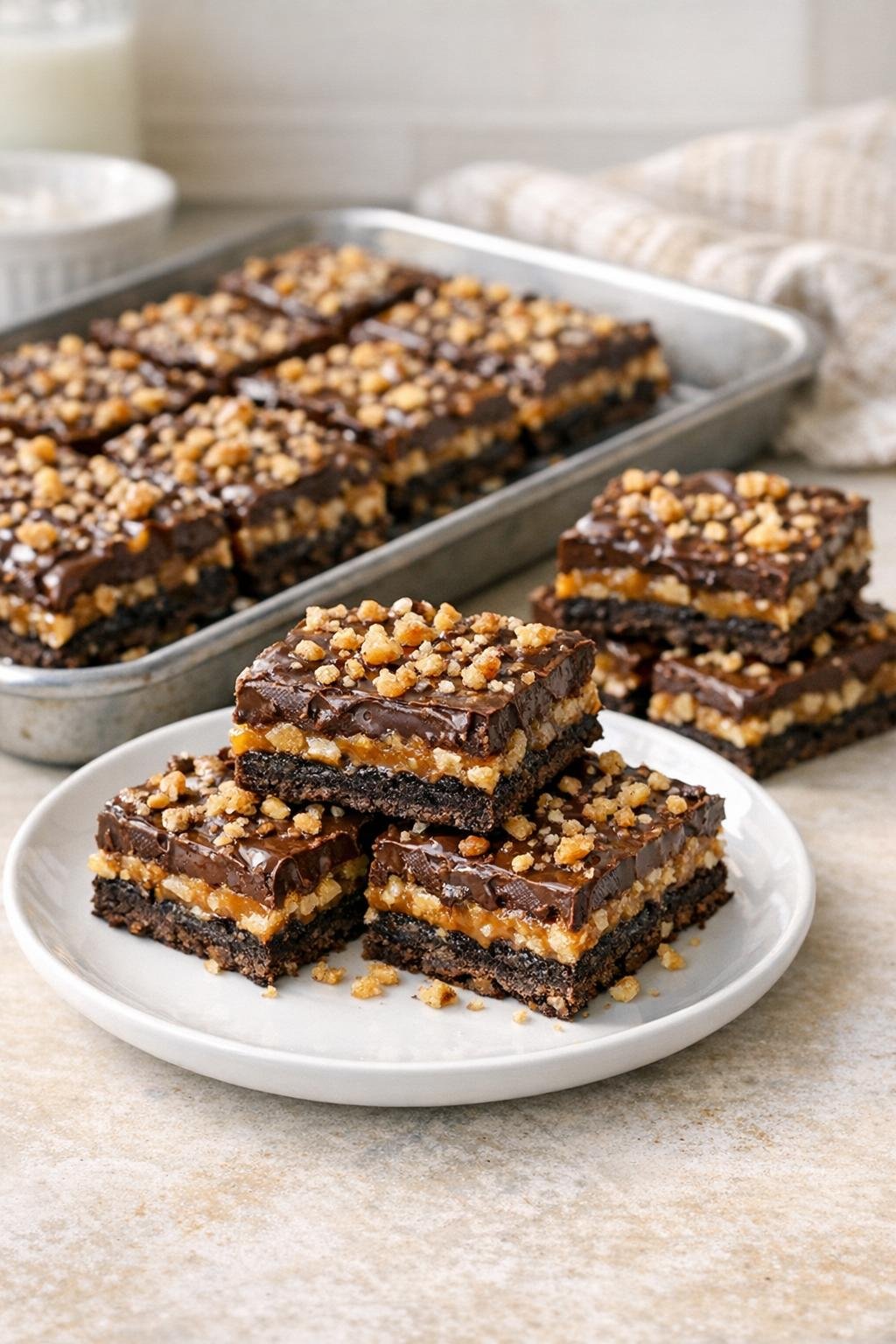 Finished chocolate wafer crunch bars on a plate