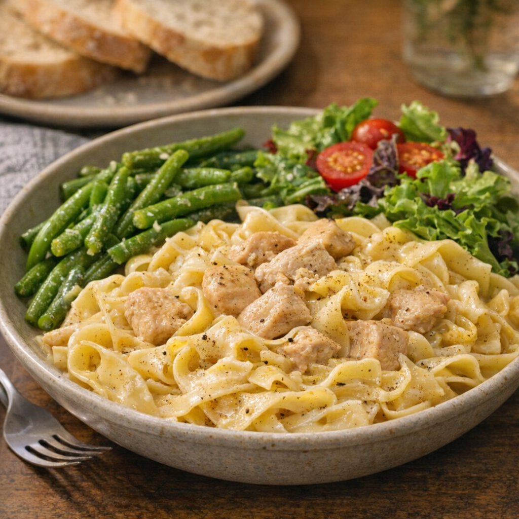 Bowl of garlic butter chicken noodles with simple sides