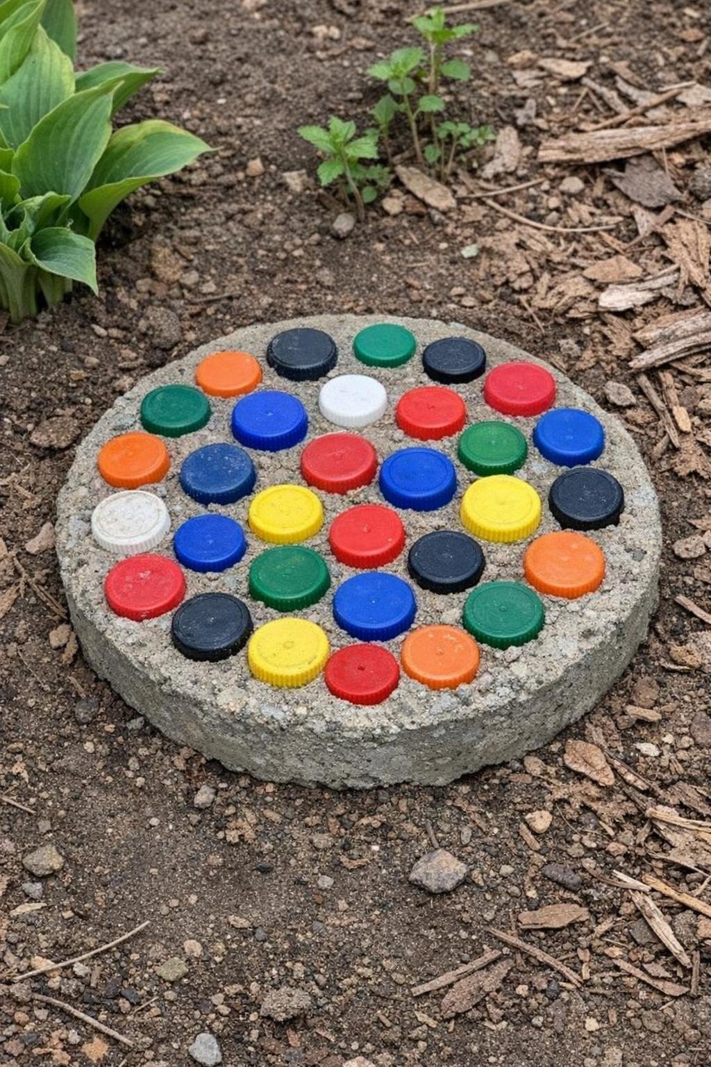 Concrete stepping stone with bottle caps