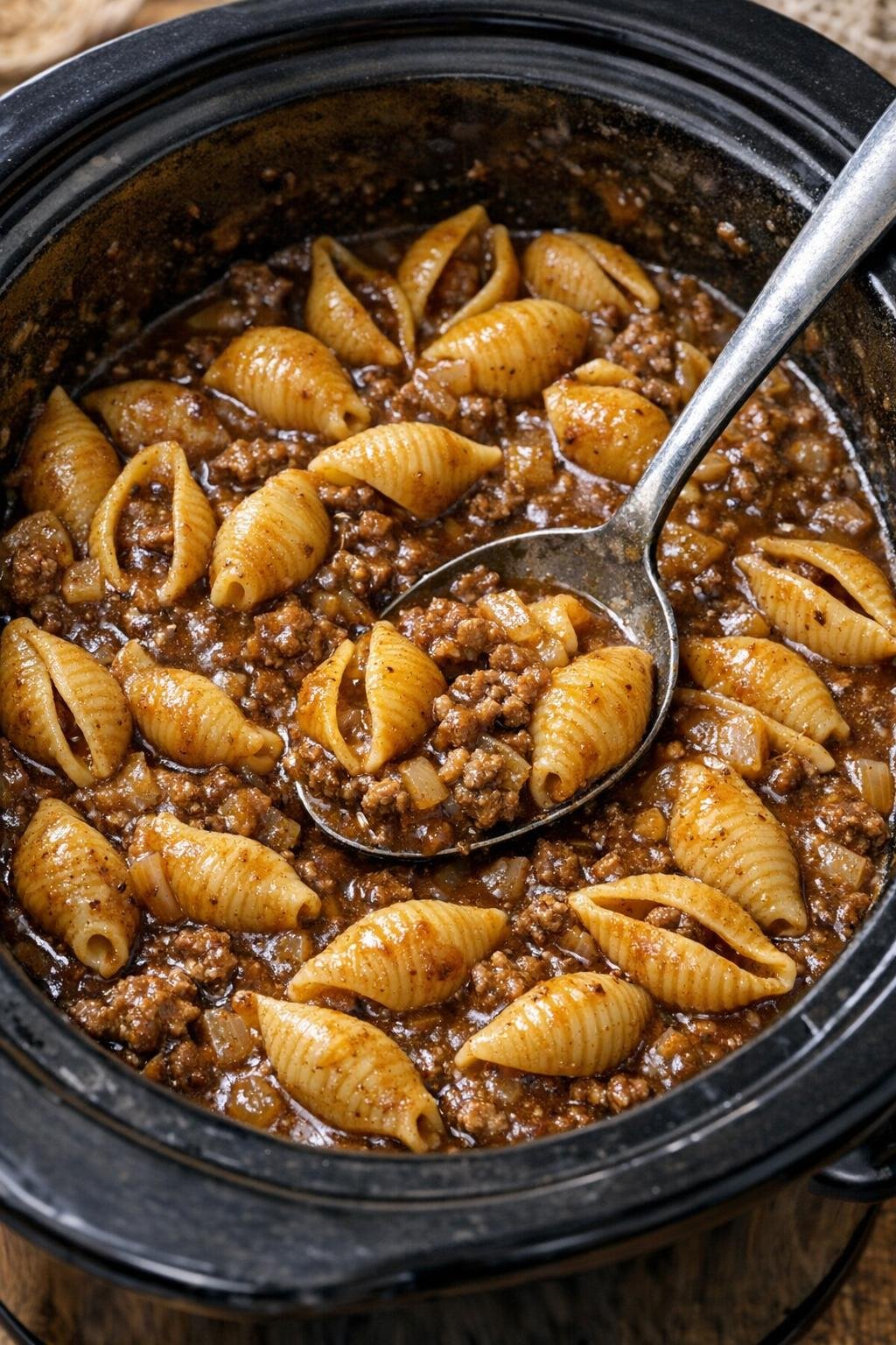 Pastaschelpen die koken in een rijke bruine saus.