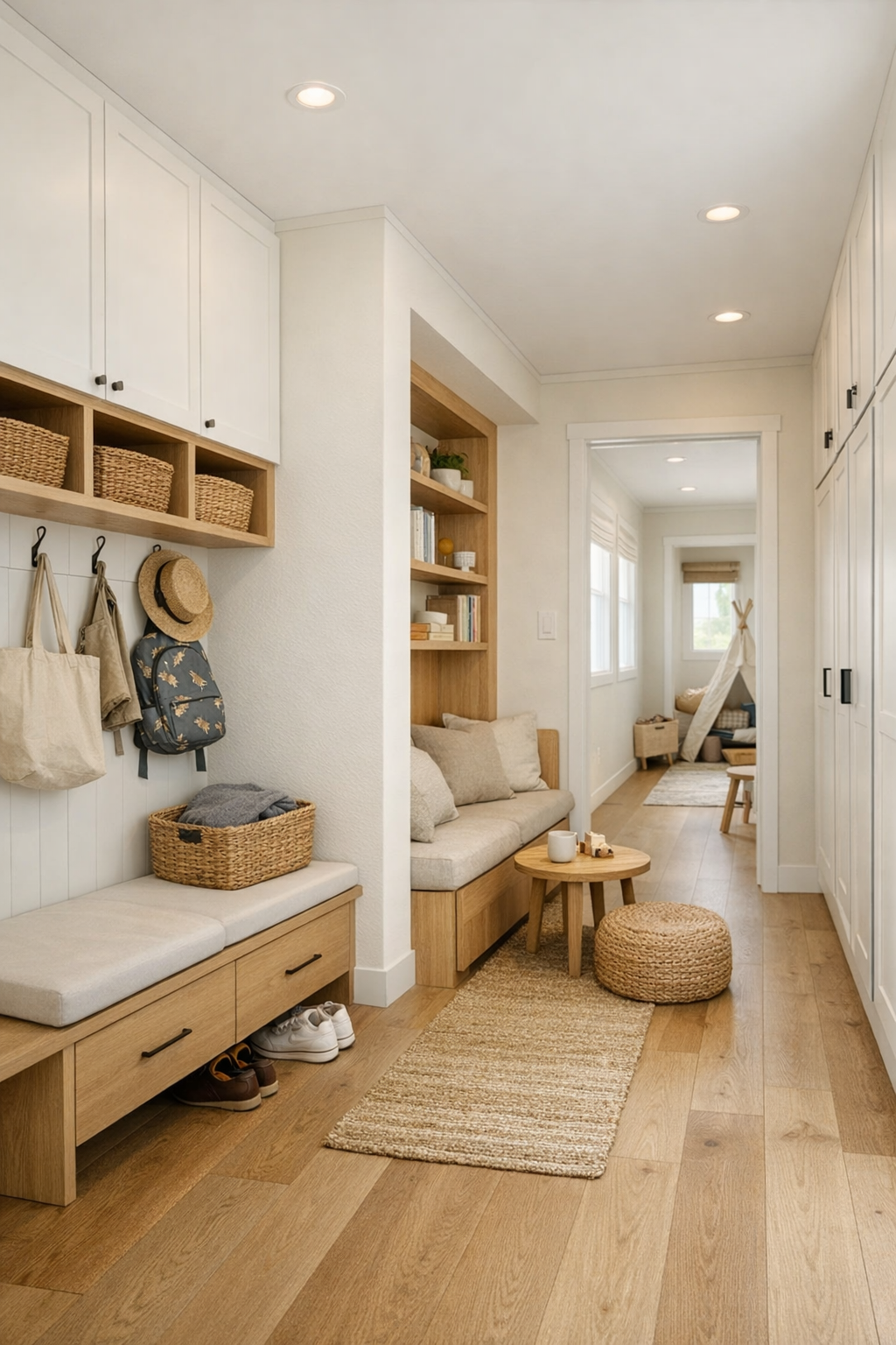 Bright hallway and flex area with built-in storage, a bench, and clean modern details