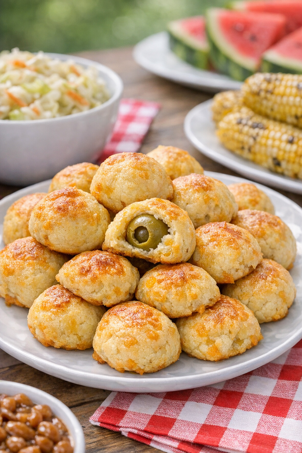 Plated baked olive bites served with picnic-style sides