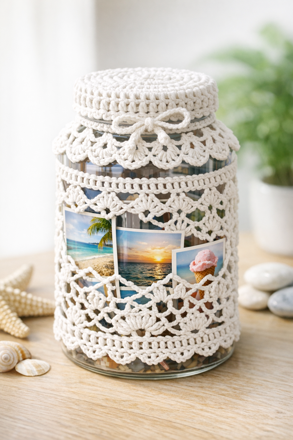 Finished crochet memory jar cozy made from a vitamin bottle with photos inside
