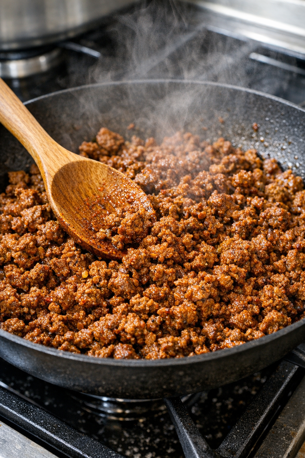 Seasoned ground beef cooking in a skillet