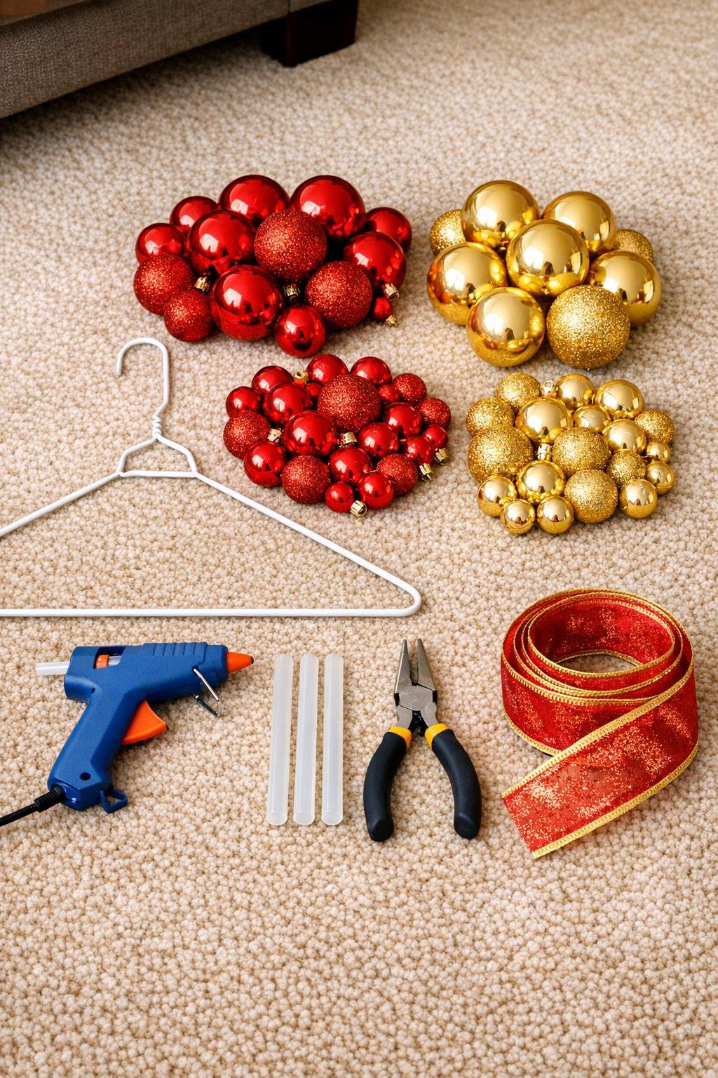 Wire hanger, ornaments, glue, ribbon, and pliers laid out for the wreath