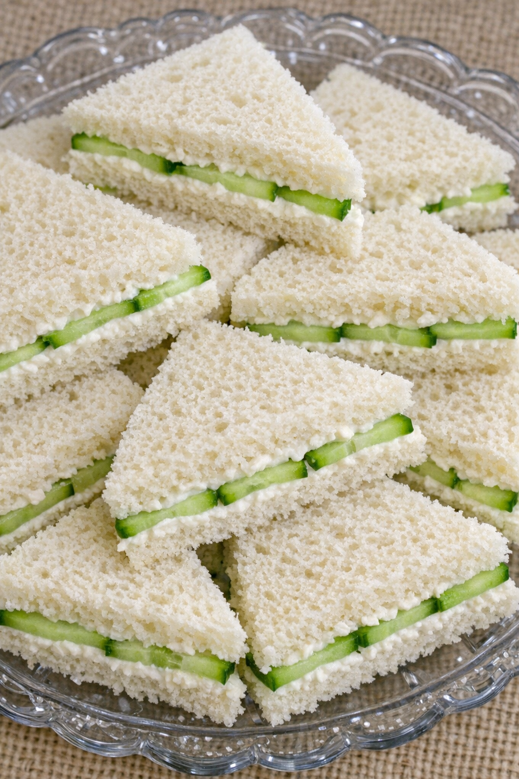 Southern cucumber sandwiches on a glass serving platter