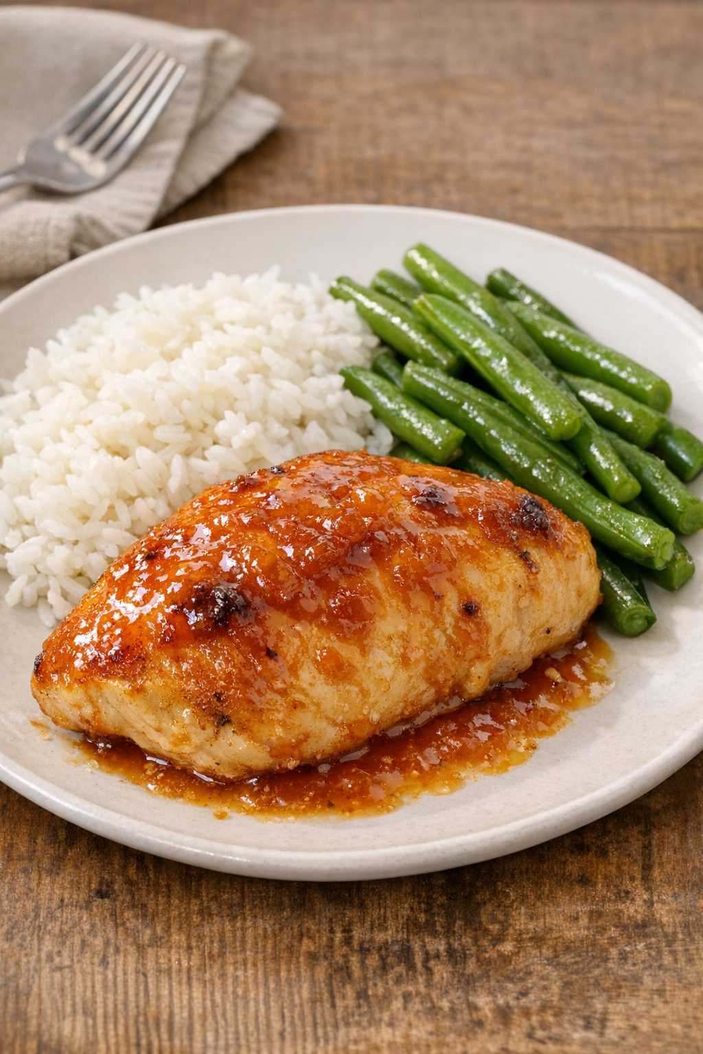 Final plated apricot glazed chicken served with rice and green beans