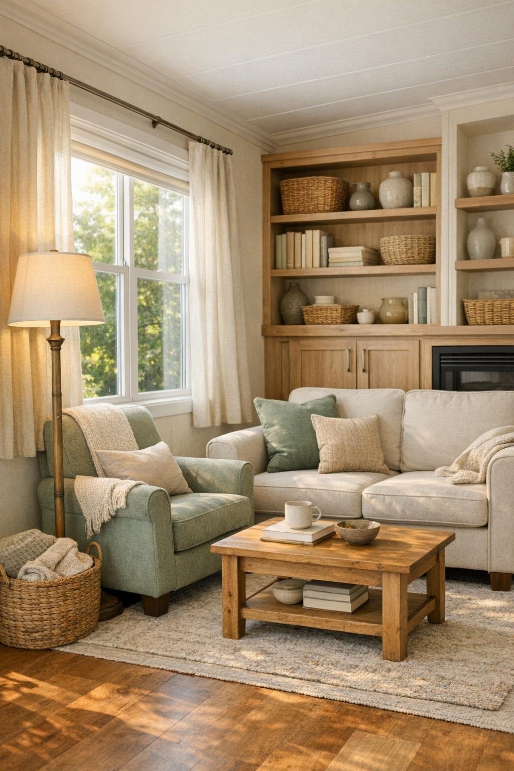 Bright living room with a cozy reading chair by the window in a remodeled park model RV