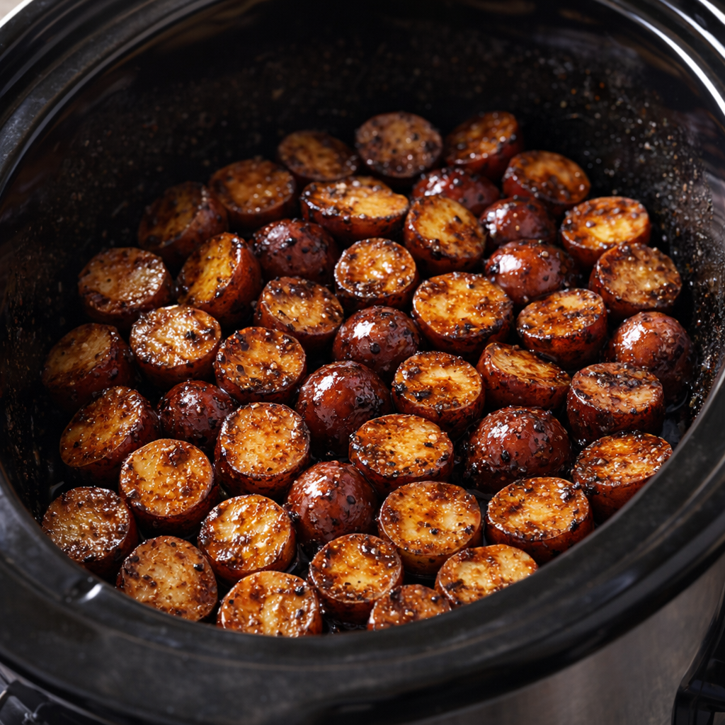Halved baby potatoes arranged in a slow cooker before cooking