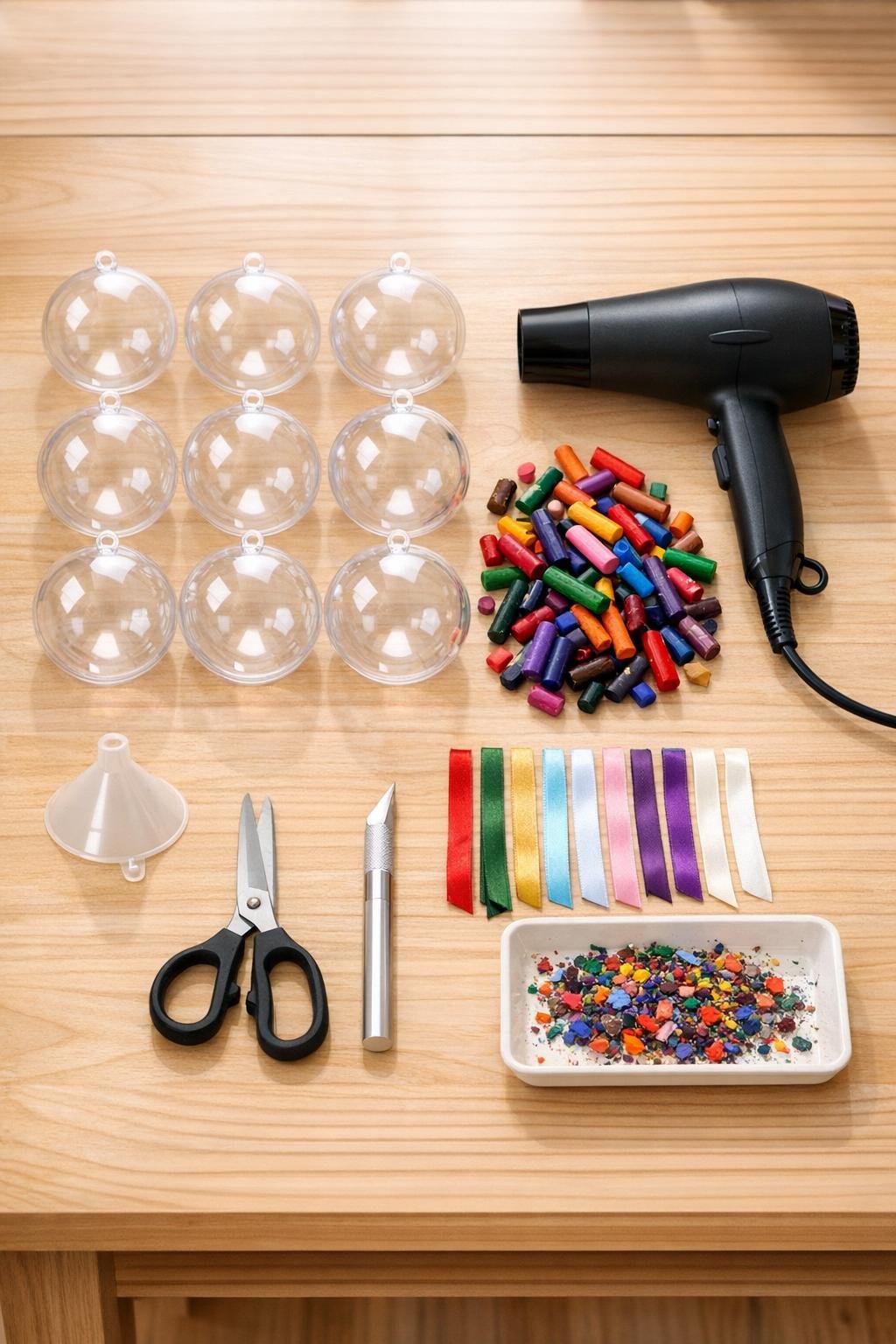 Materials for melted crayon ornament craft laid out on a table