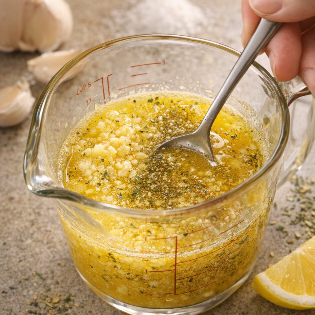 Melted garlic butter being mixed in a small bowl