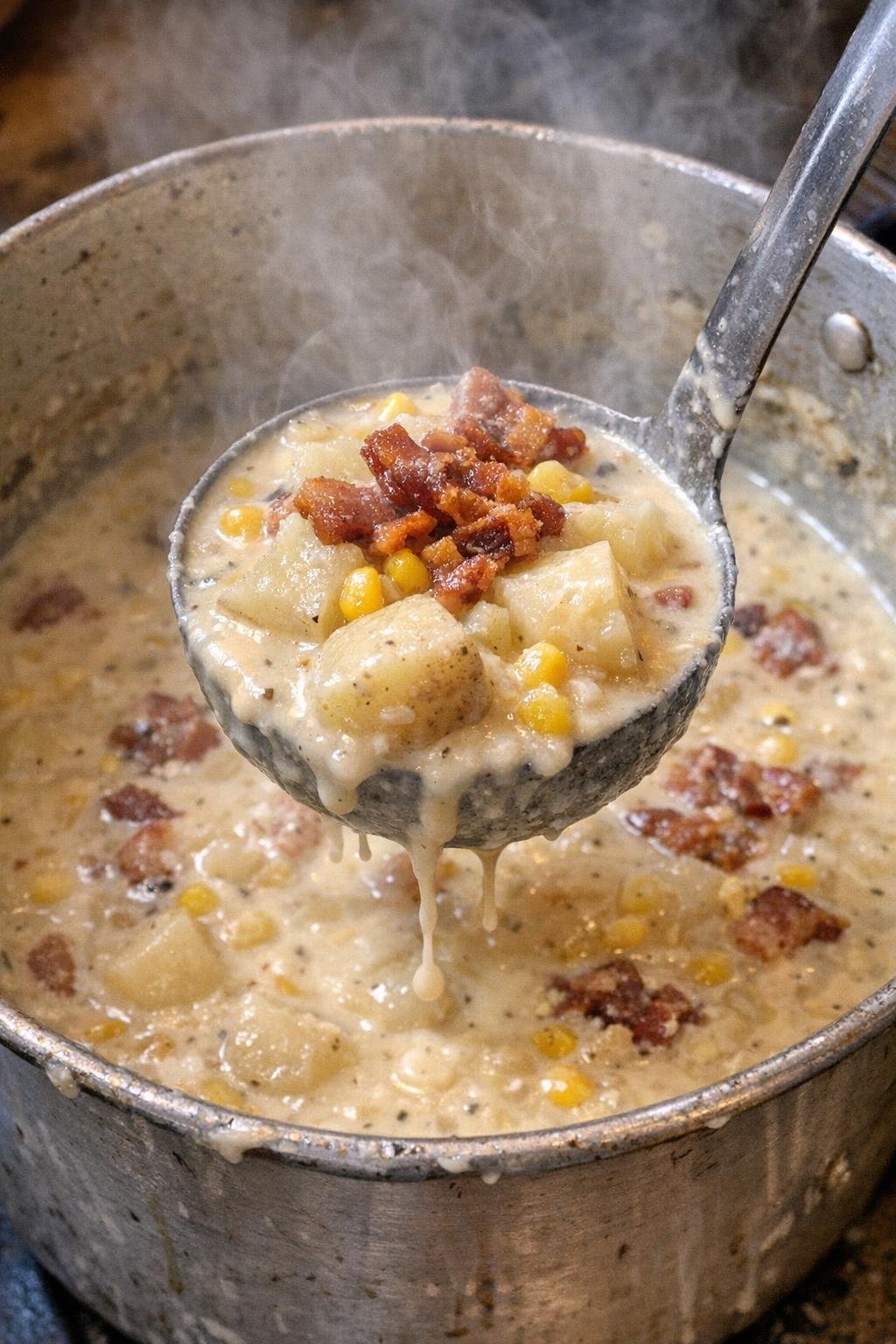 Thick creamy chowder with bacon and potatoes in a dented pot