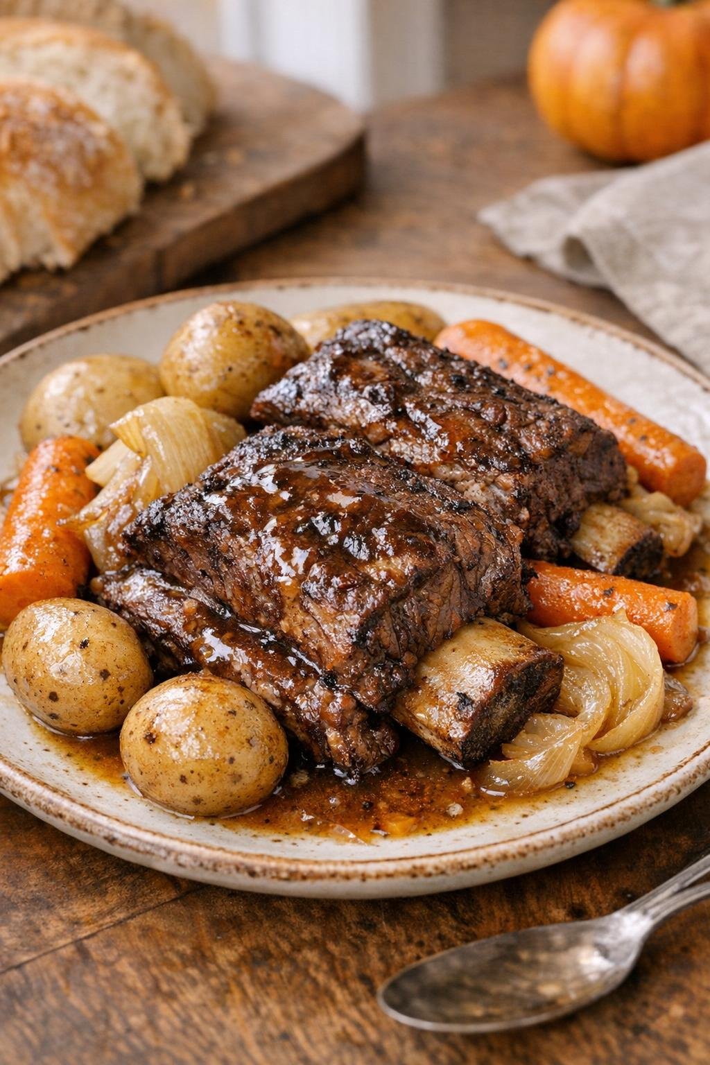 Finished slow cooker beef plate ribs with autumn vegetables