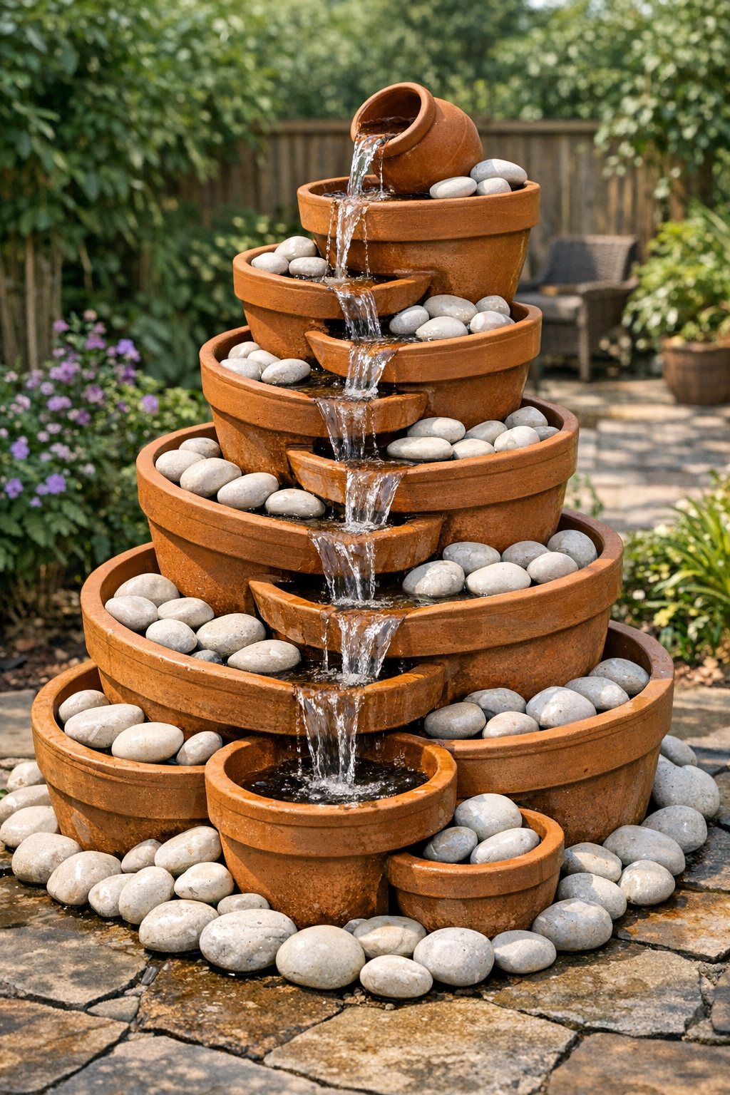 Completed cascading terracotta pot backyard fountain with white river rocks