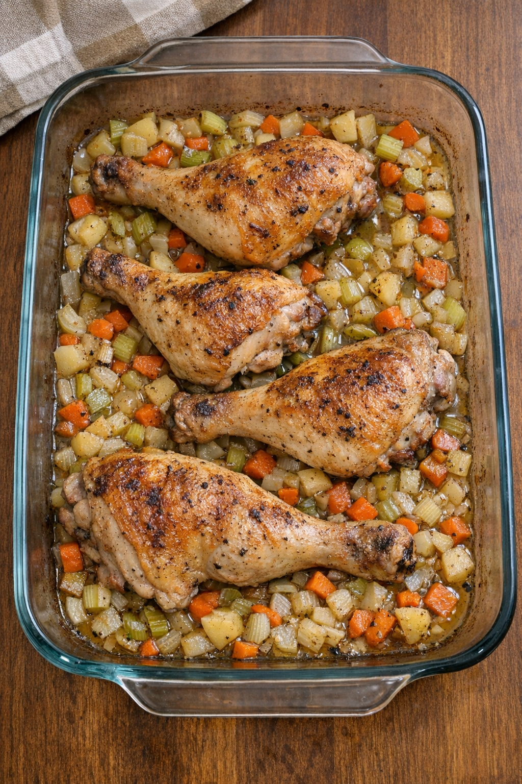 Finished baked chicken legs with tender vegetables in a glass casserole dish