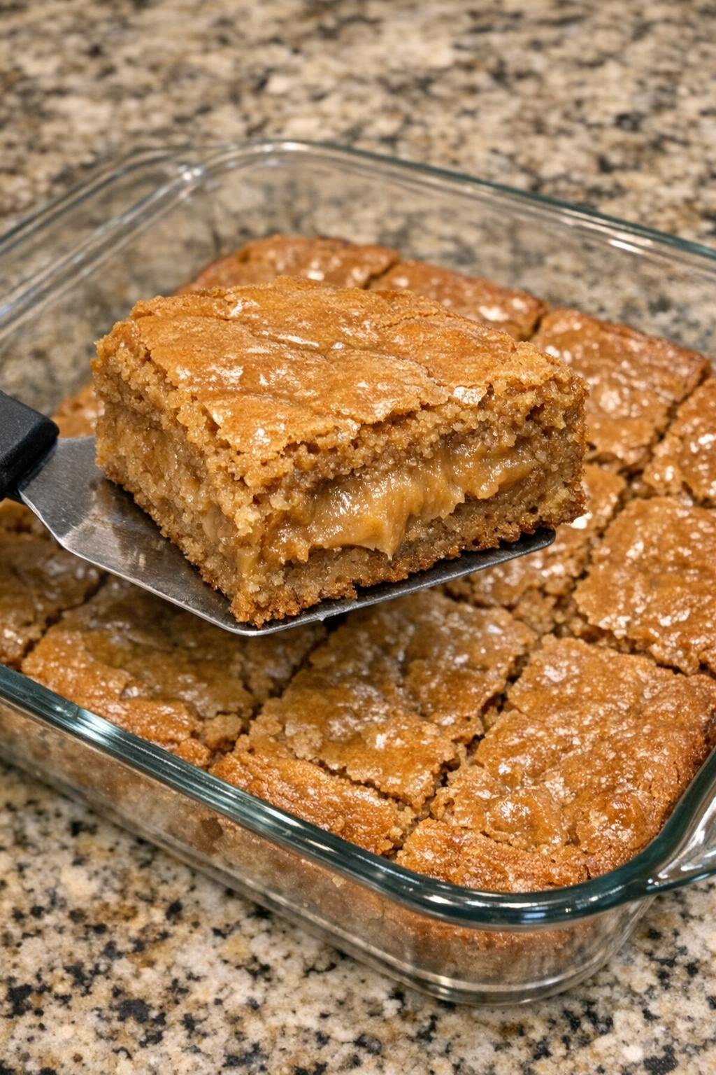 Peanut butter blondie squares in a glass baking dish