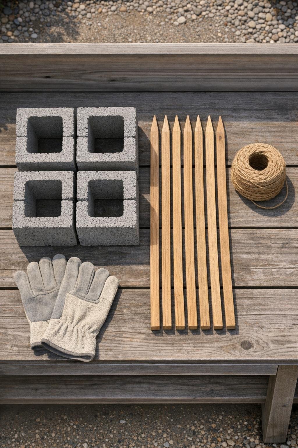 Cinder blocks, wooden stakes, and garden twine laid out together