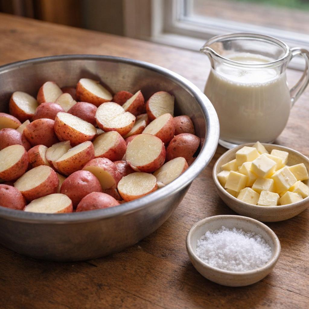 Simple ingredients for creamed potatoes on a kitchen counter