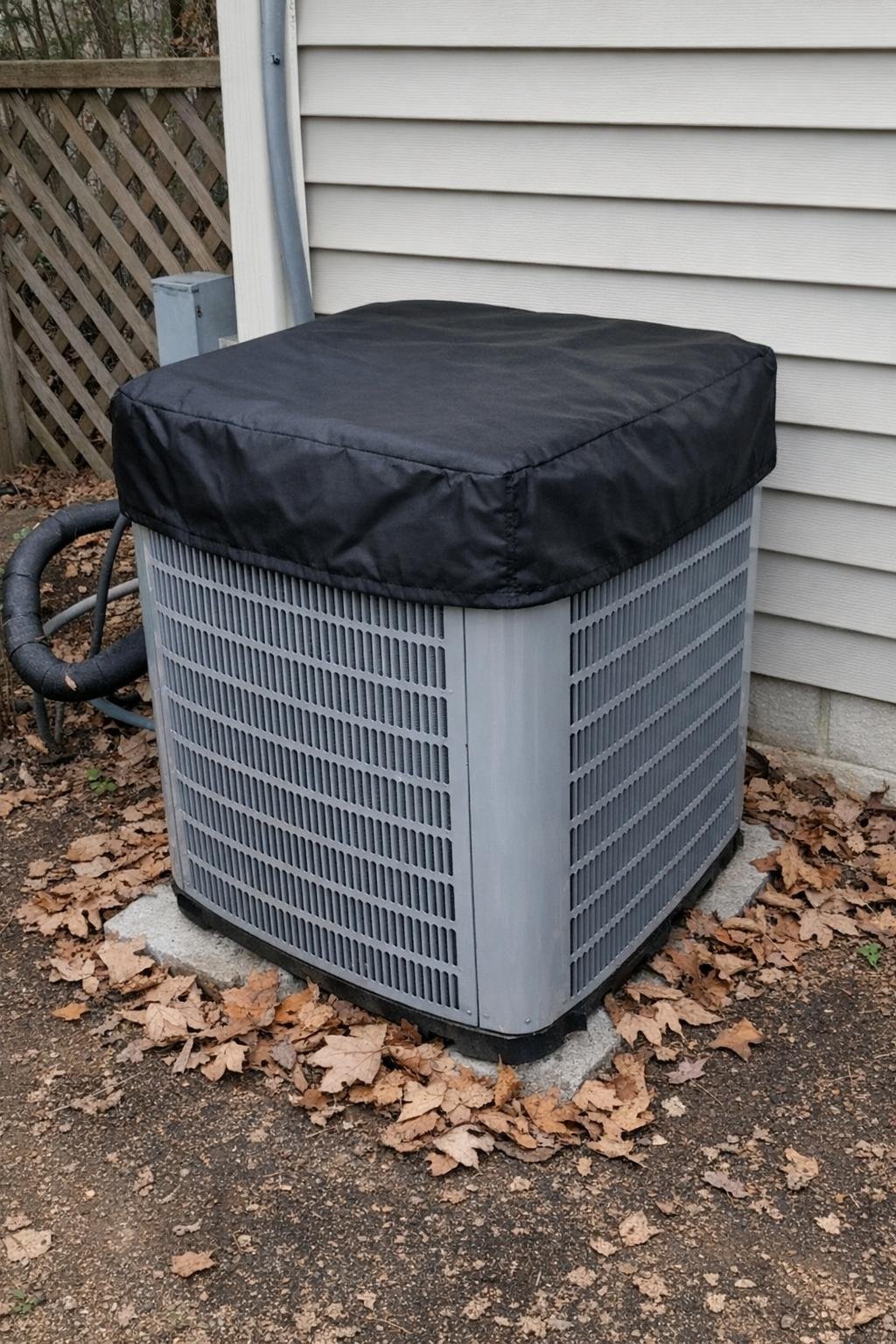Outdoor AC condenser cleaned and covered on top for winter