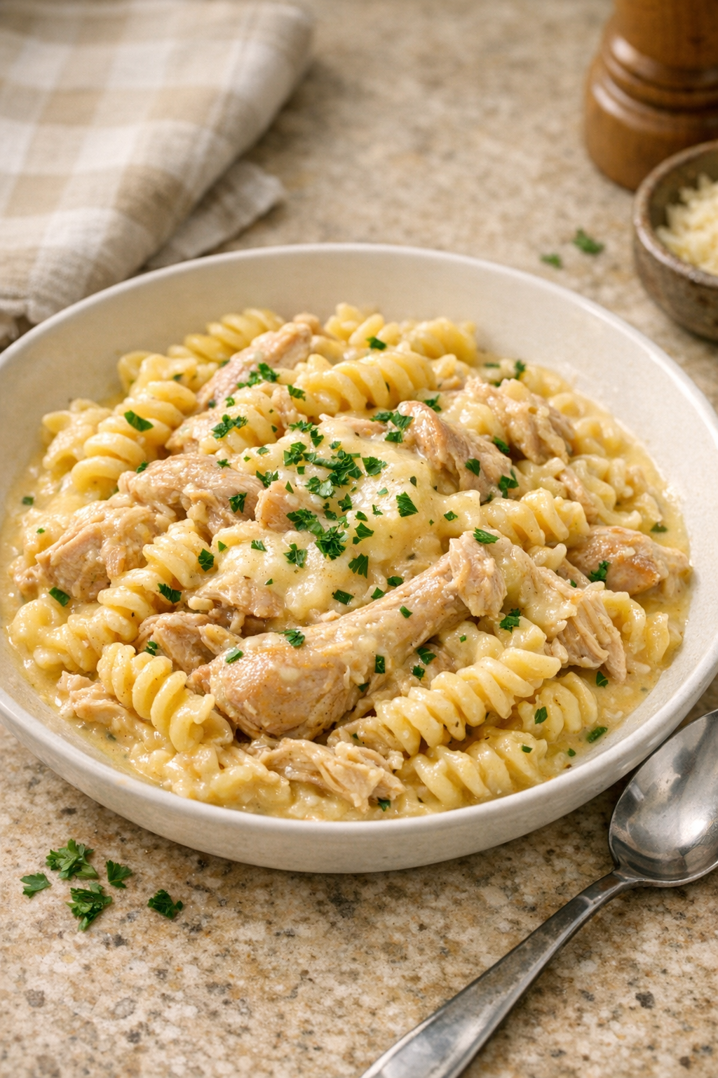 Finished Swiss cheese chicken pasta plated in a bowl
