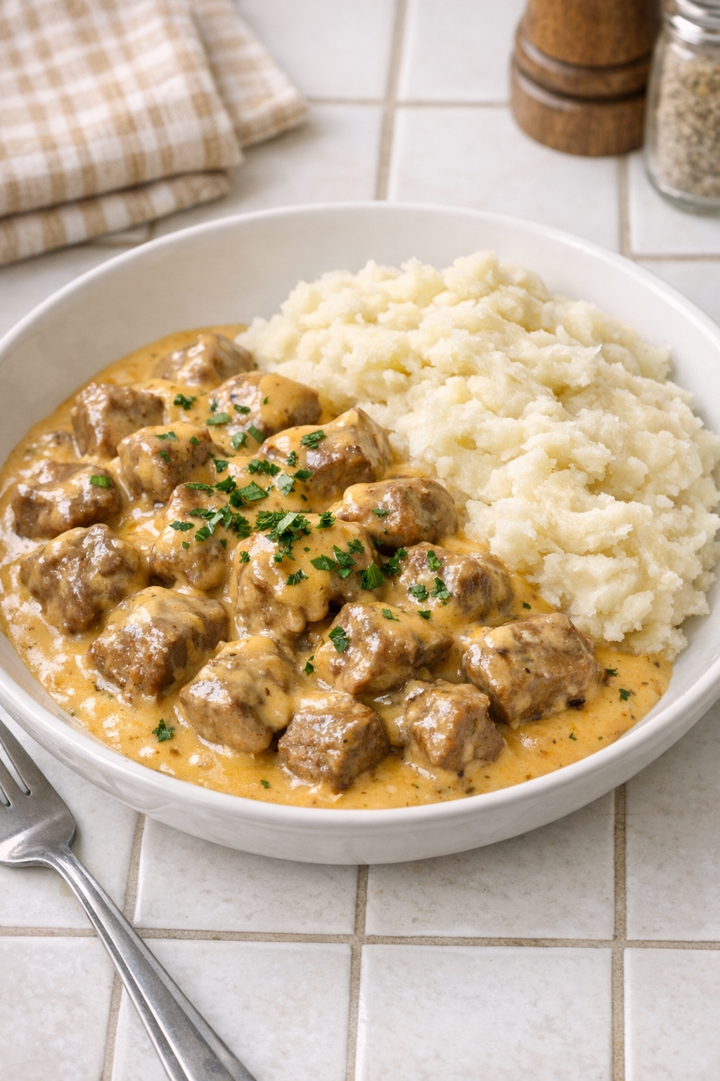 Creamy slow cooker steak bites served in a bowl