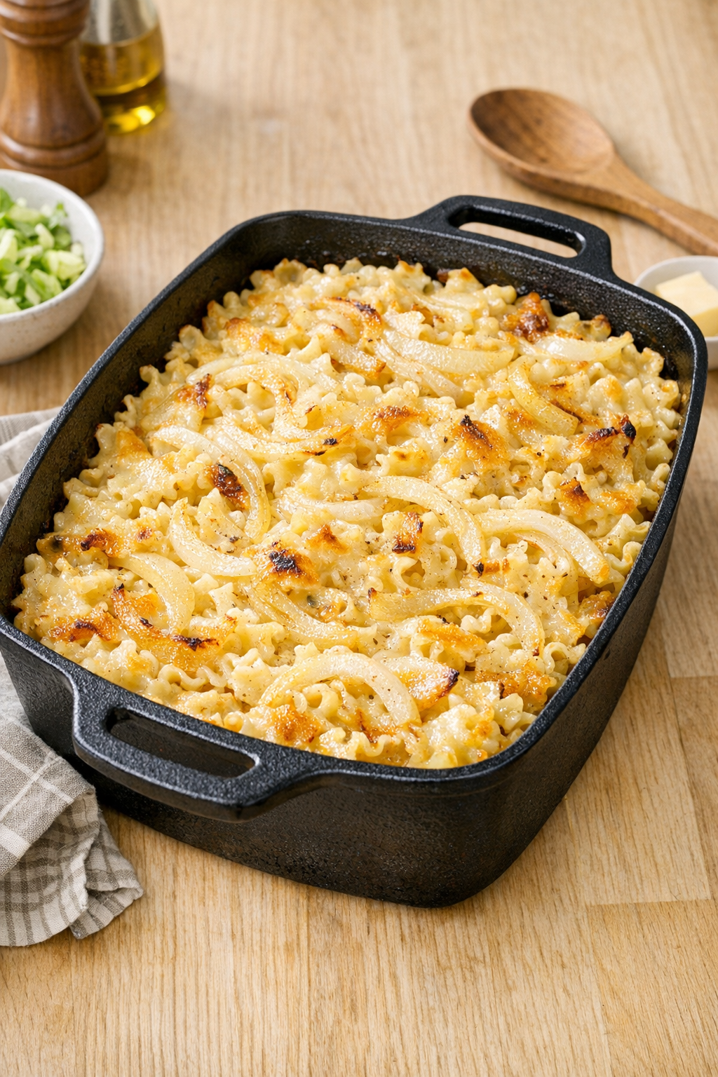 Finished Amish yellow onion noodle bake in a cast iron casserole dish