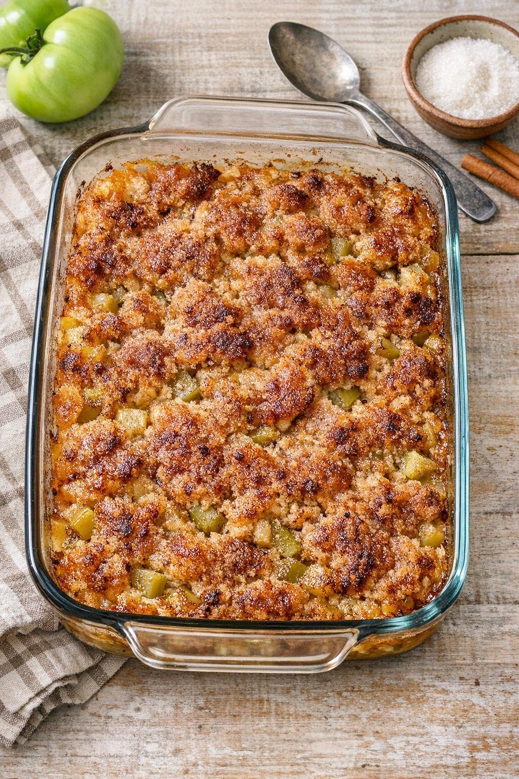 Baked green tomato dessert in a glass casserole dish
