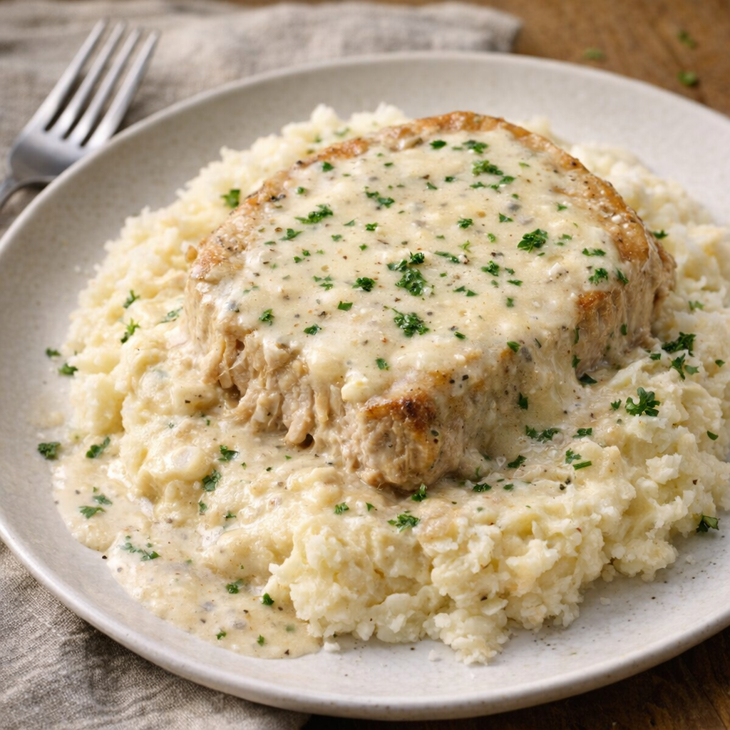 Plated pork chop with creamy ranch gravy over mashed potatoes