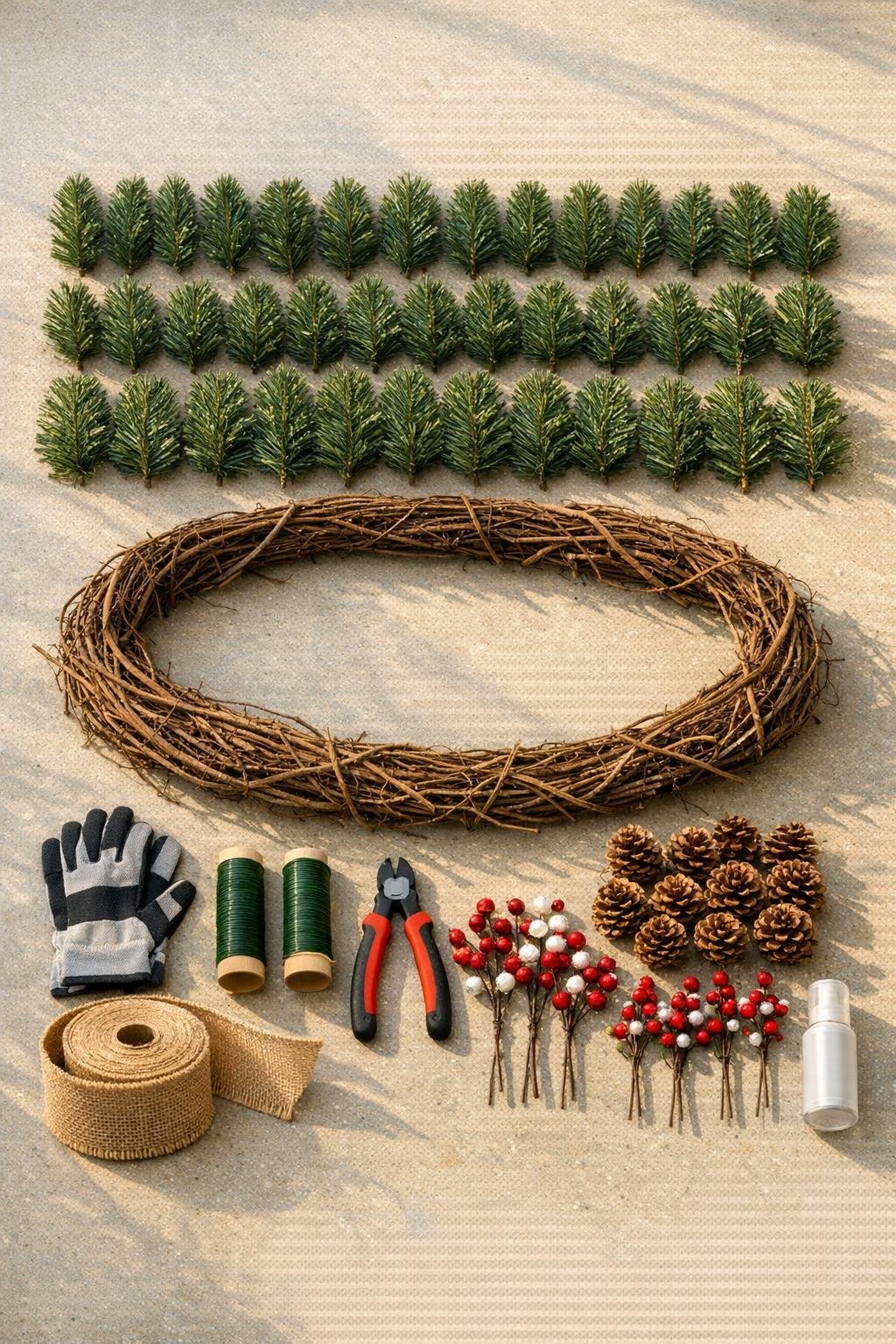 Materials for making a faux branch mantel garland laid out neatly on a table