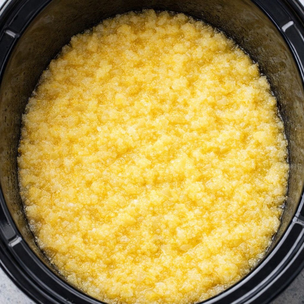 Crushed pineapple spread in the bottom of a slow cooker