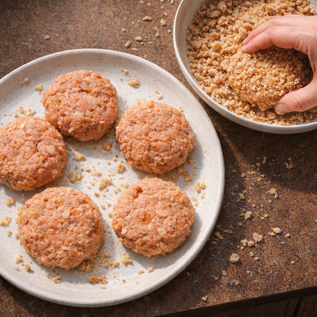 Uncooked salmon patties being coated in crushed pork rinds
