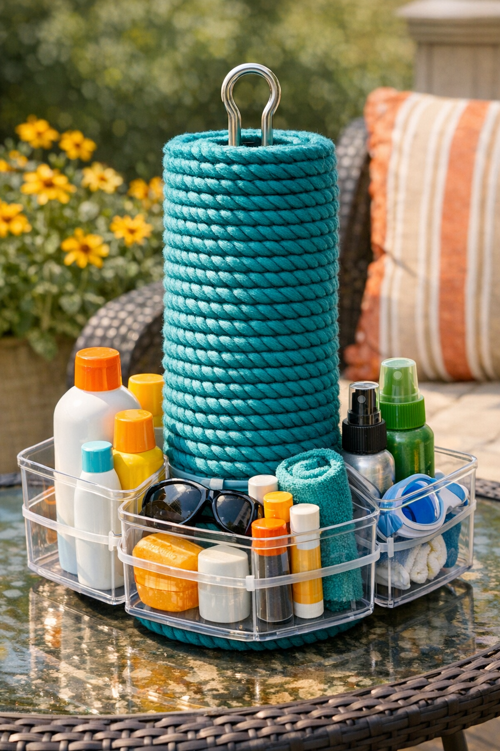 Finished crochet outdoor sunscreen station with teal yarn and organizer bins