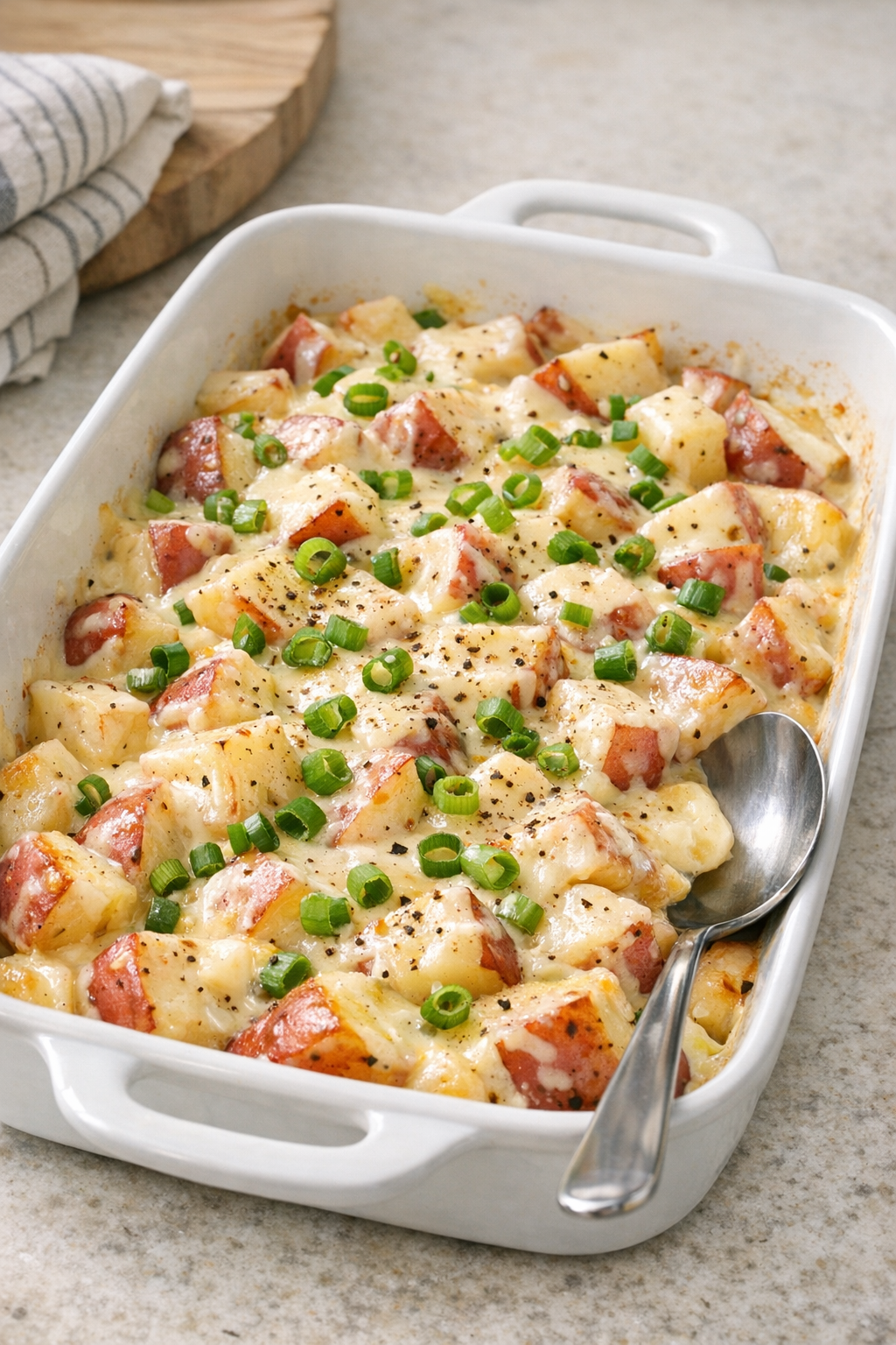 Finished baked queso blanco red potatoes in a casserole dish