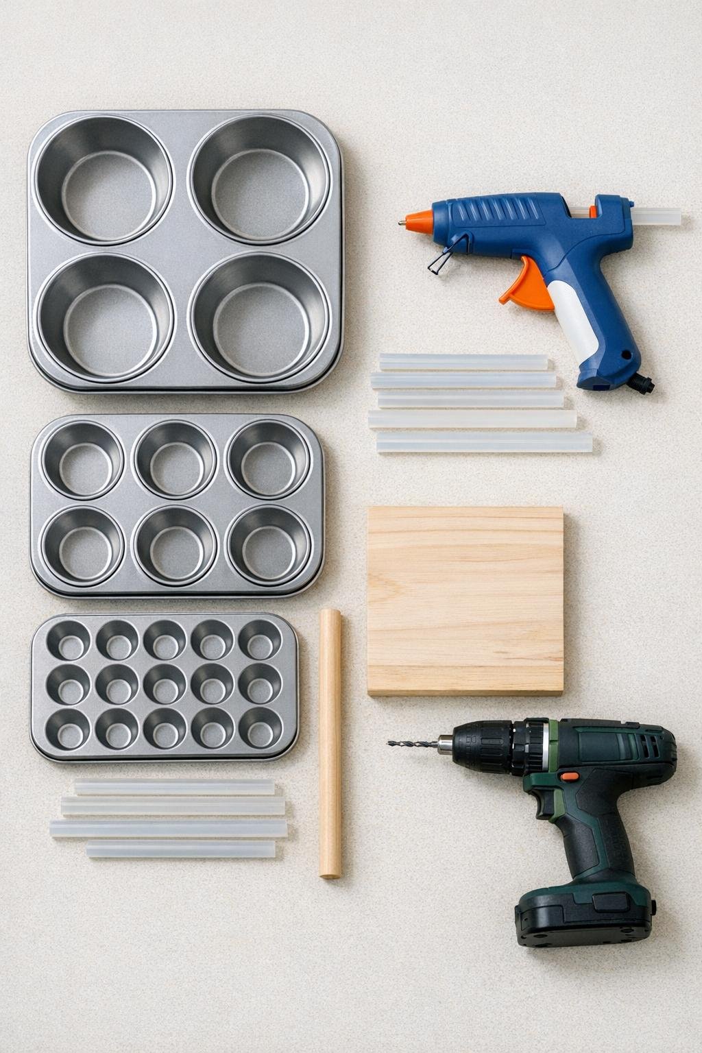 Materials laid out for the hot glue muffin tin craft