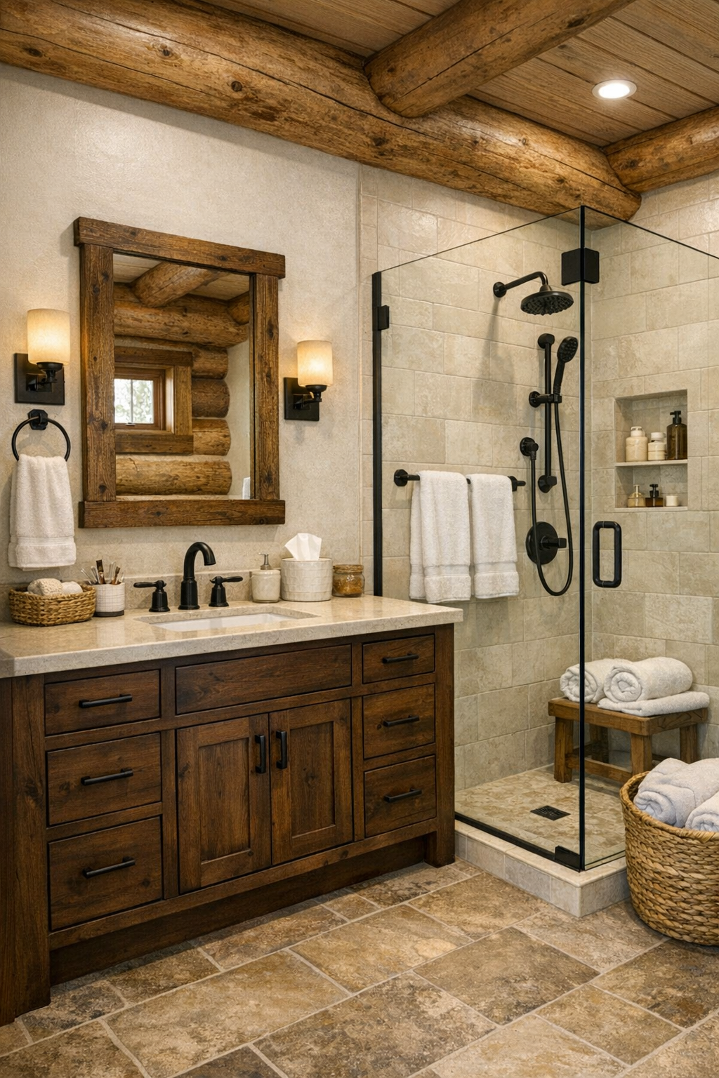 Warm rustic bathroom with wood vanity, pale stone, and a glass shower