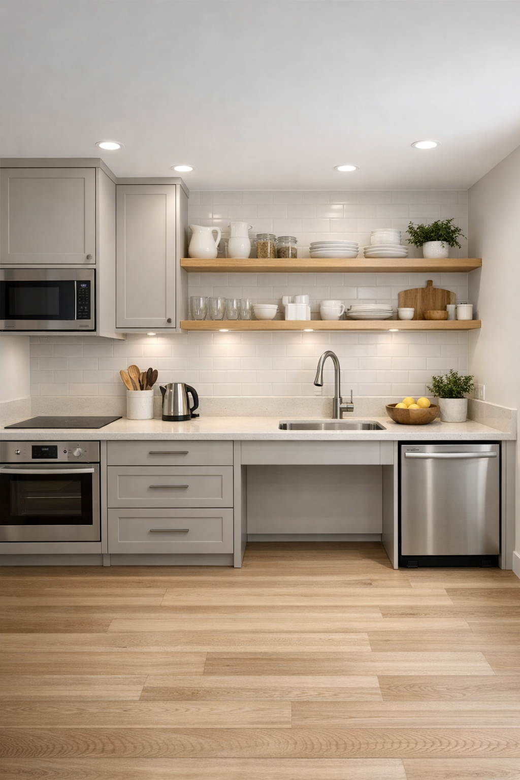 Accessible tiny home kitchen with putty cabinets, quartz counters, and warm wood accents