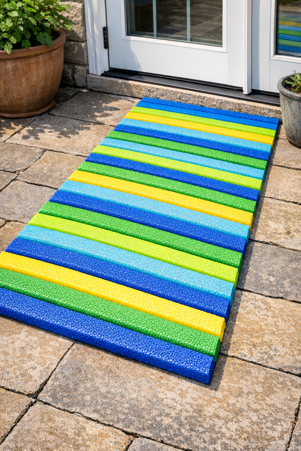 Finished waterproof patio runner made from sliced pool noodles