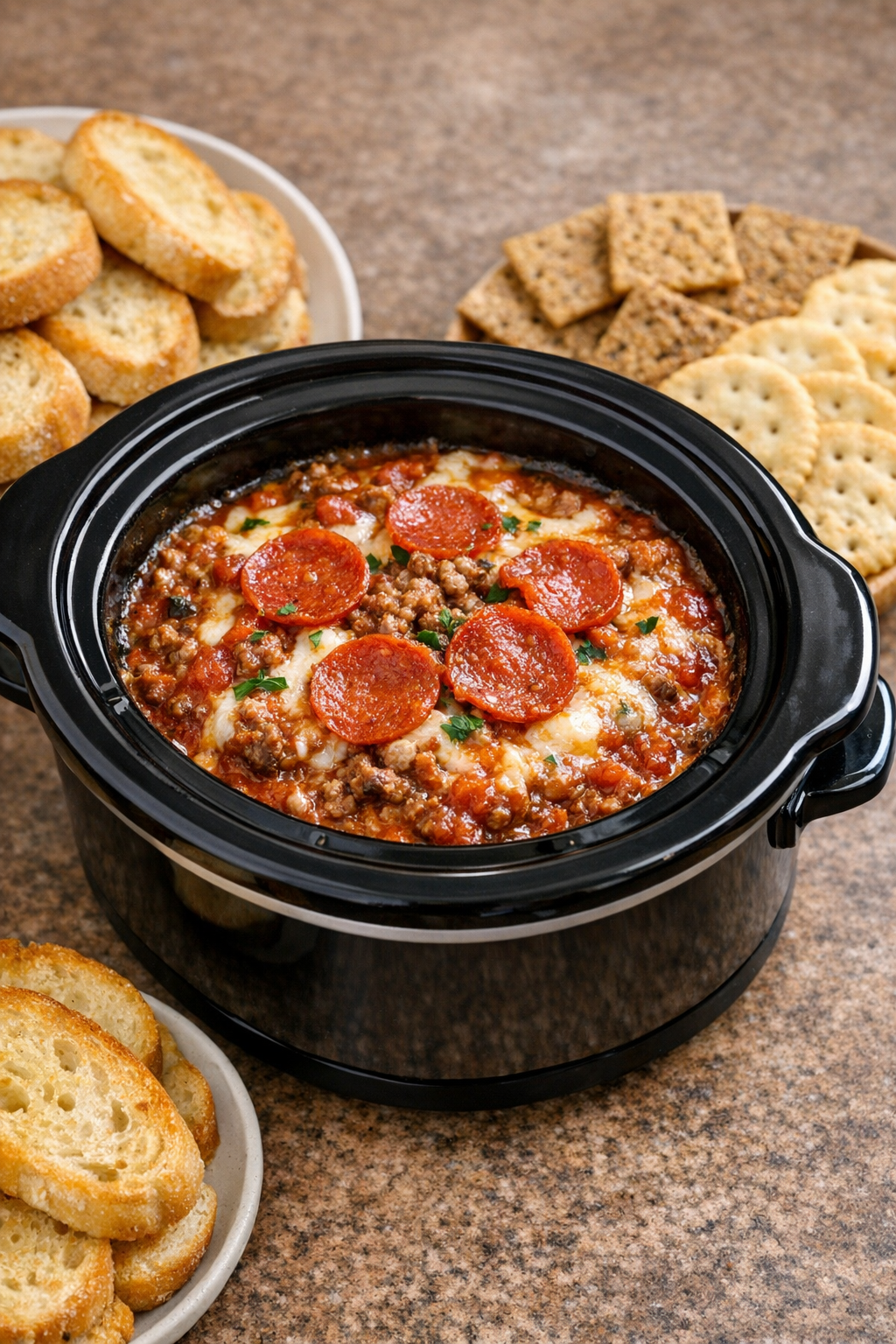 Finished pizza beef dip in a slow cooker with melted cheese and pepperoni
