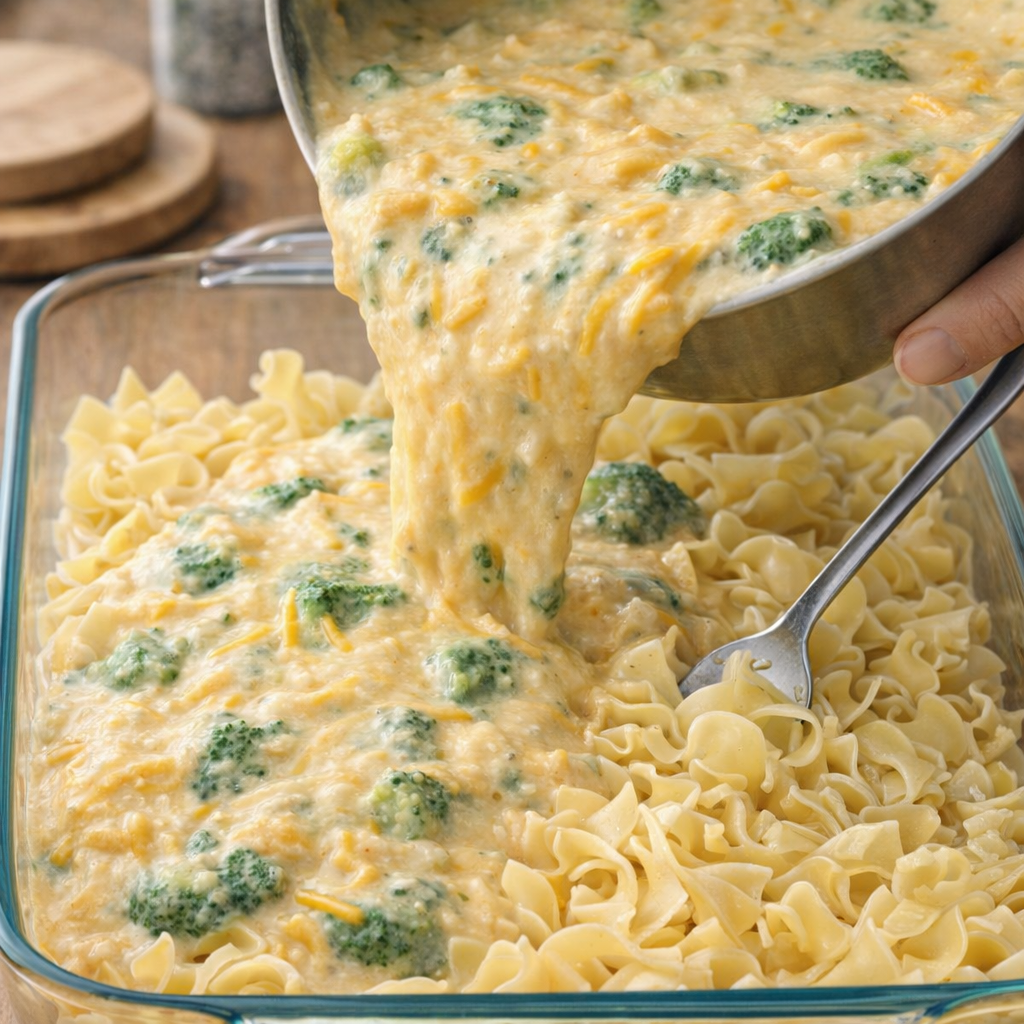 Creamy cheddar broccoli mixture being poured over noodles