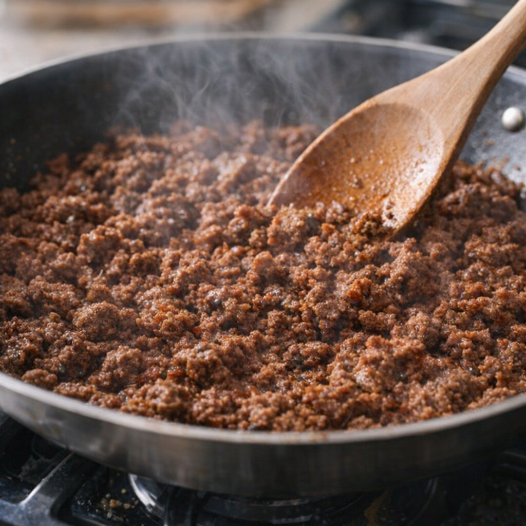 Ground beef browning in a skillet