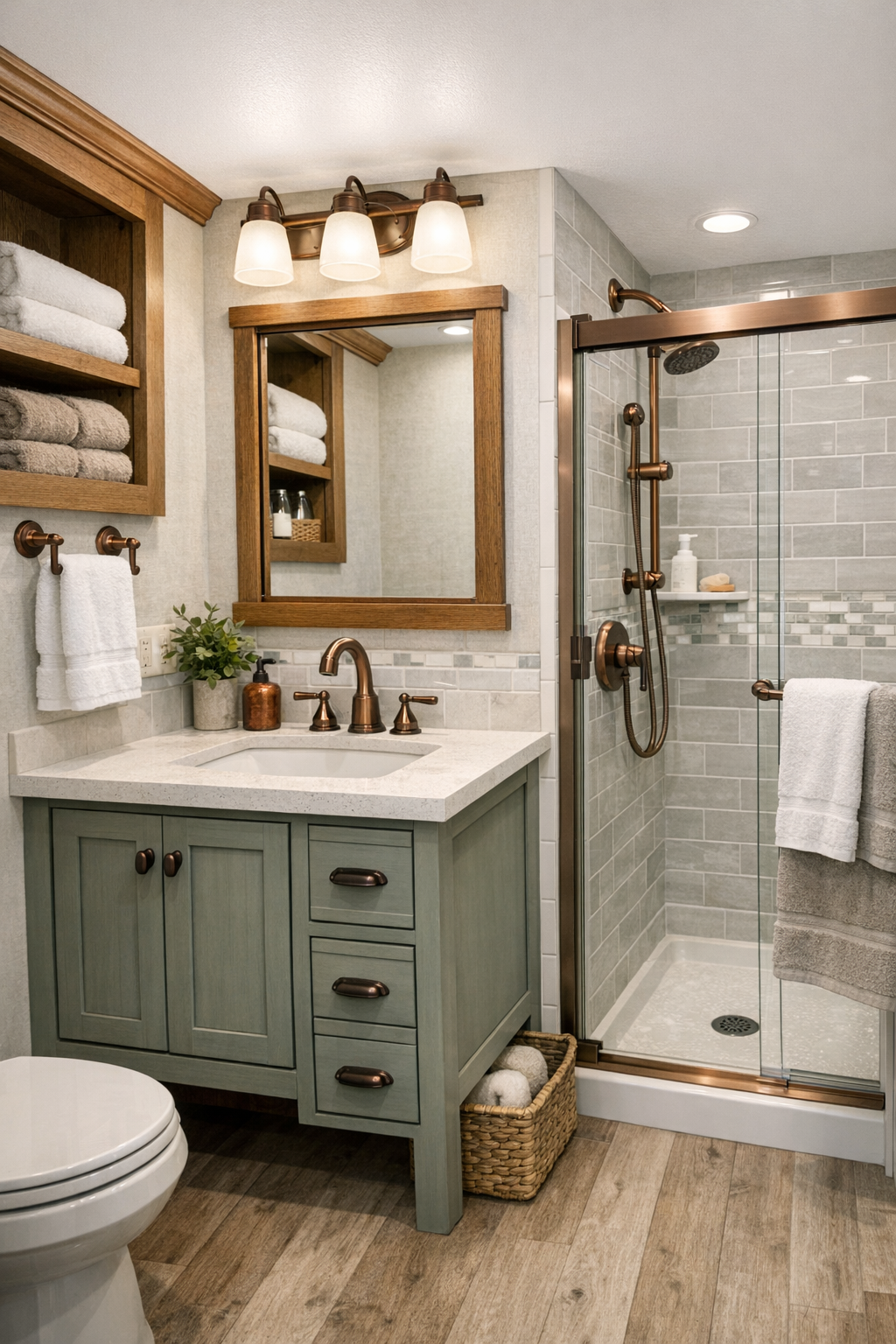 Bright bathroom with painted vanity, copper fixtures, and soft tile finishes