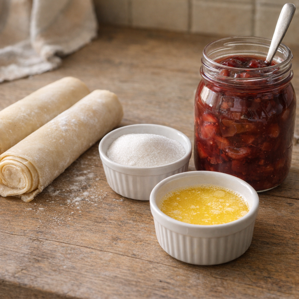 Simple ingredients for pie dough dessert laid out on a kitchen counter