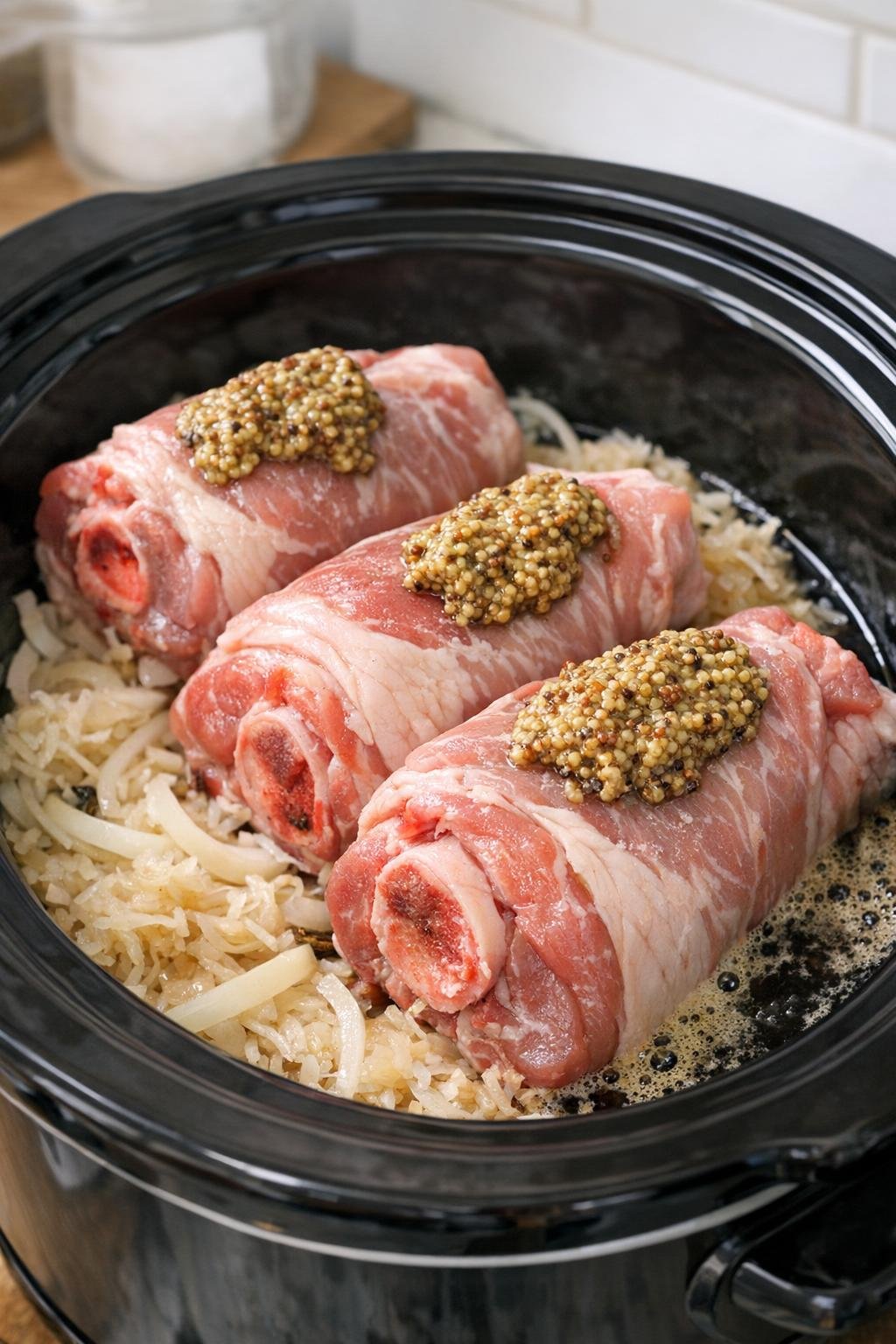Raw pork shanks arranged in slow cooker with beer and mustard
