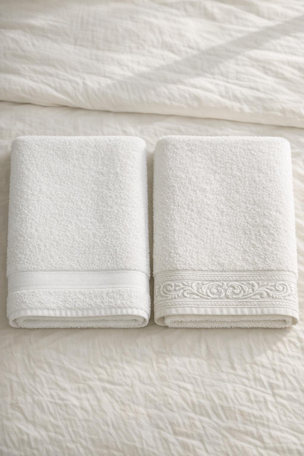 Two decorative bath towels with different border styles