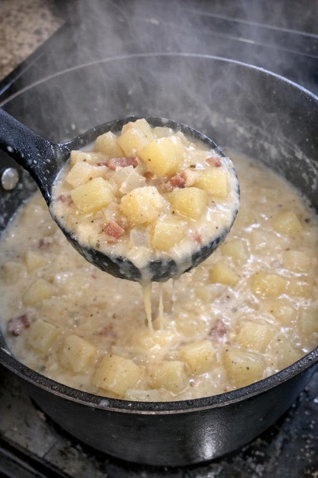 Tender diced potatoes in a black pot with a ladle lifting thick broth