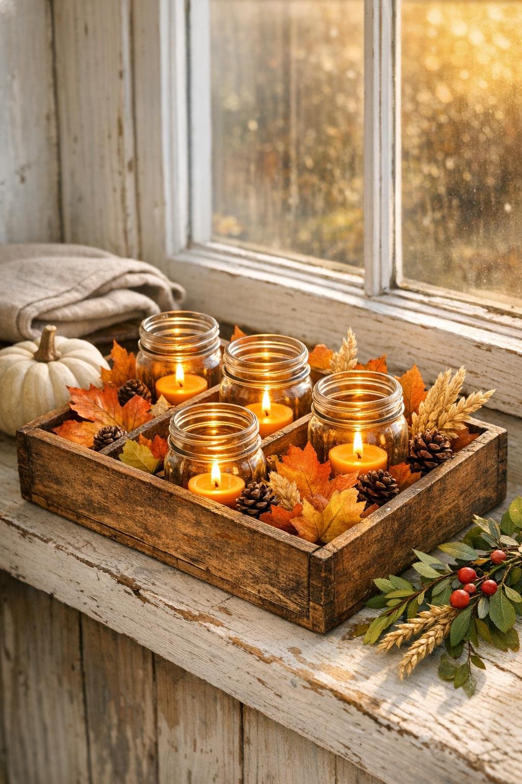 Finished autumn candle lantern on a windowsill